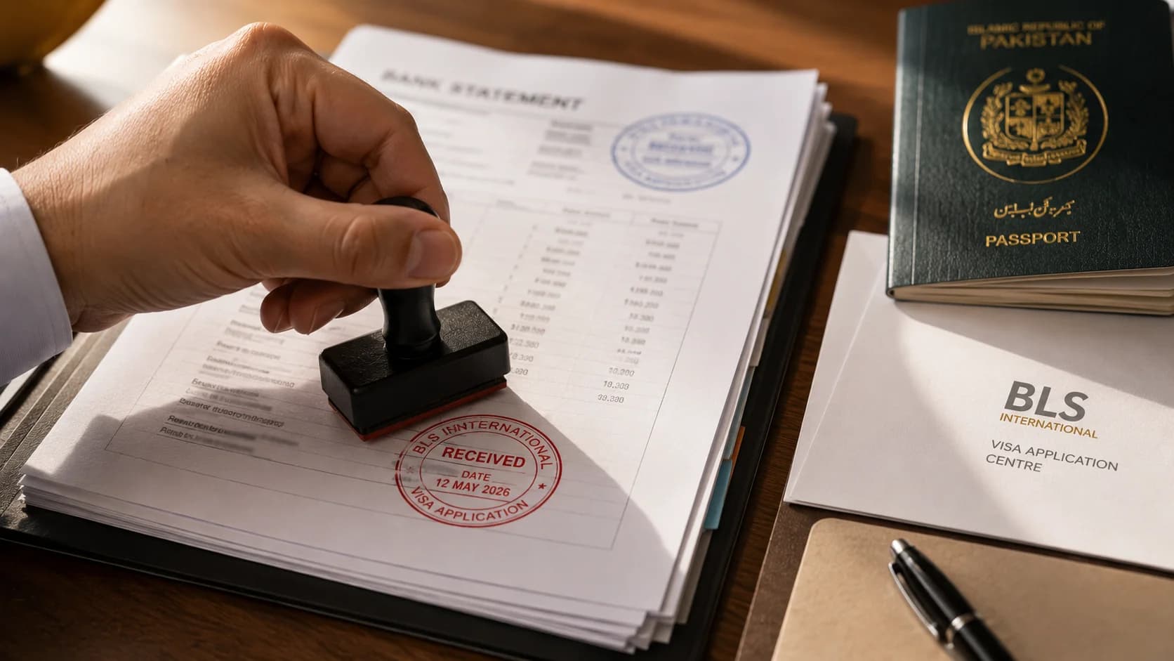 Formally stamped bank statements prepared for a Spain Schengen visa application through BLS International
