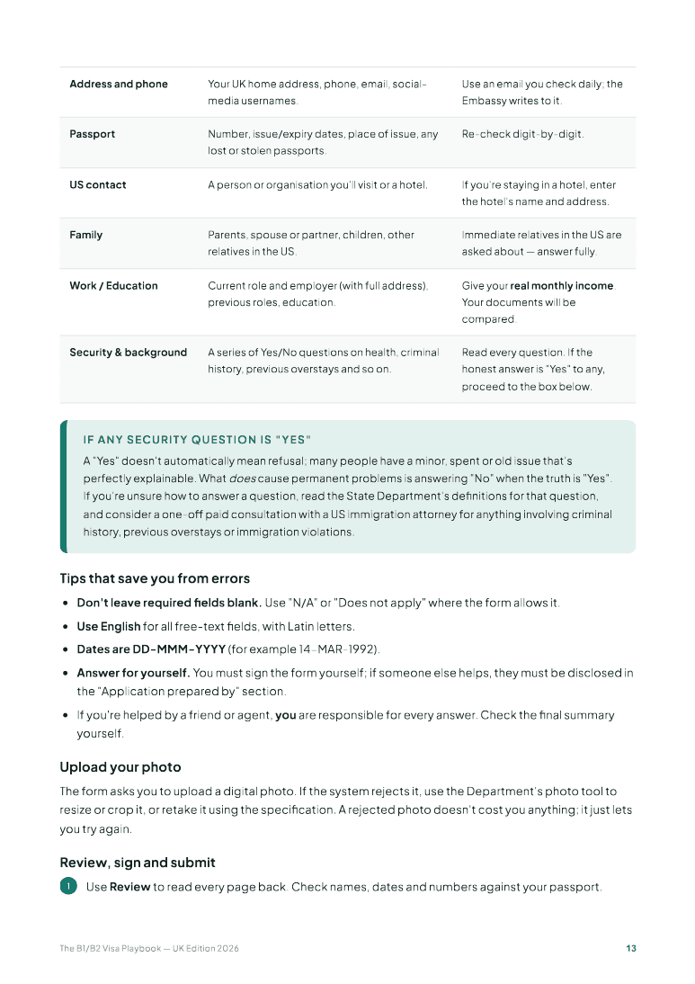 Sample page from the guide: the DS-160 section-by-section table