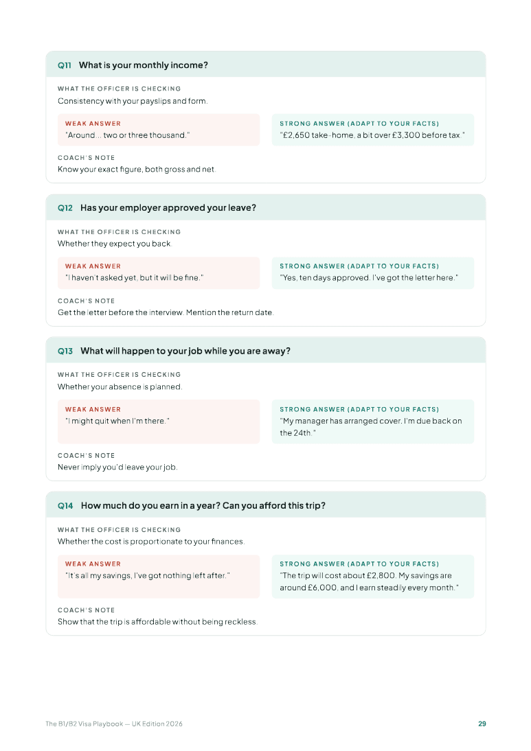 Sample page from the guide: interview questions with weak and strong answers