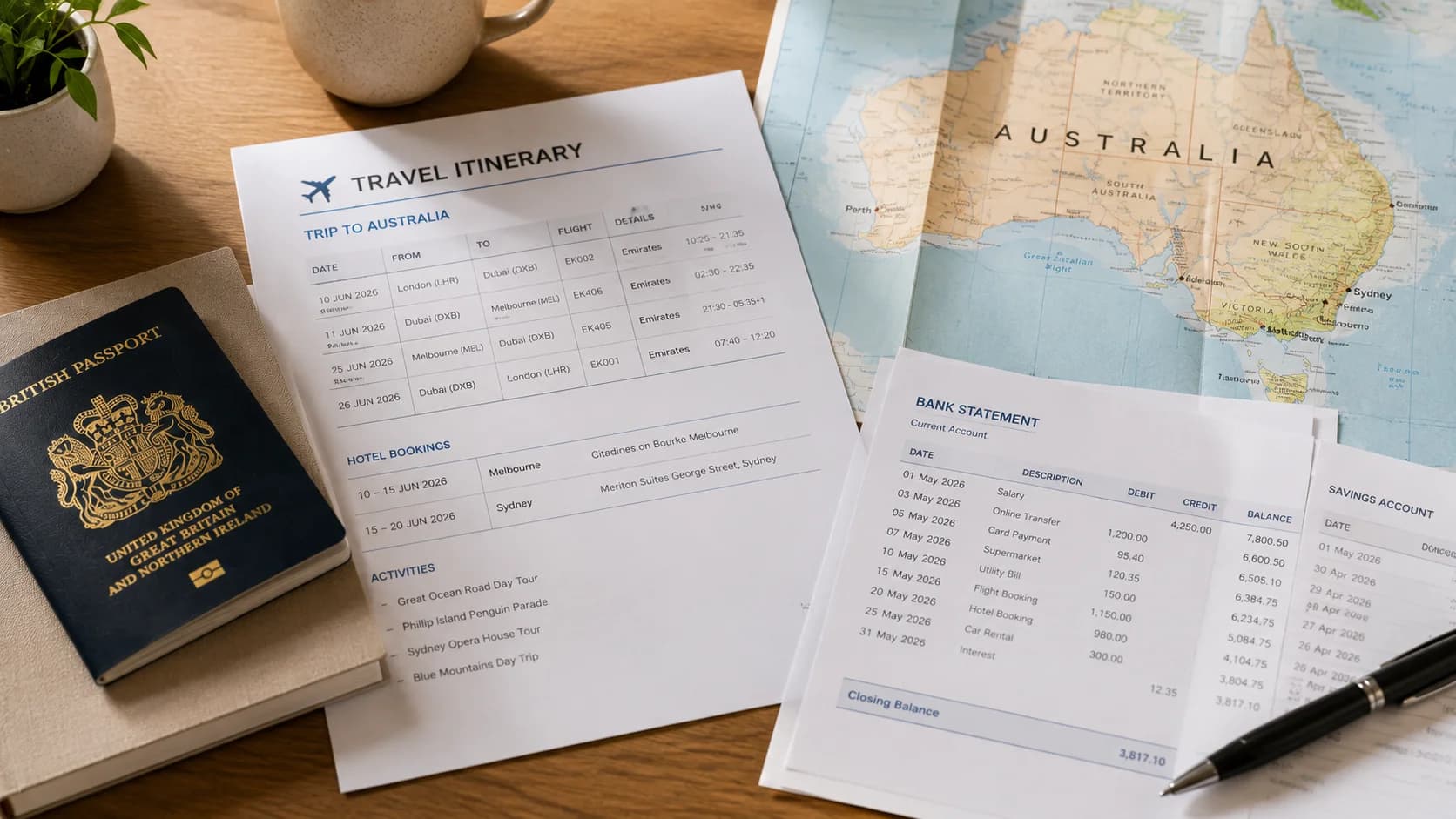 Travel itinerary and financial evidence prepared to demonstrate genuine temporary entry for an Australian visitor visa