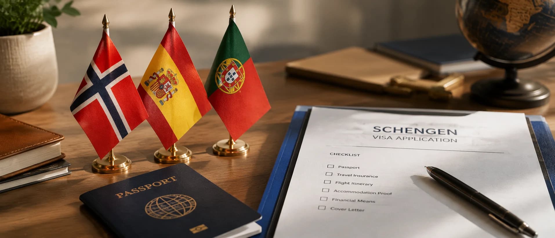 Flags of Norway, Spain and Portugal alongside a Schengen visa application folder