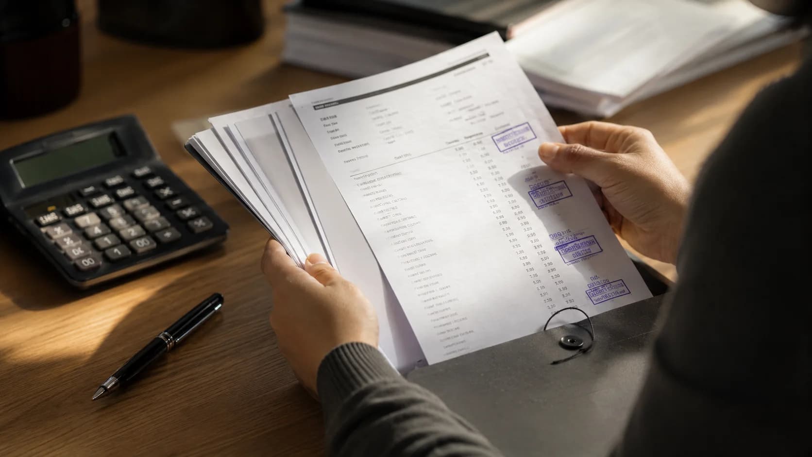 Stamped bank statements and a document folder prepared for a Schengen visa appointment