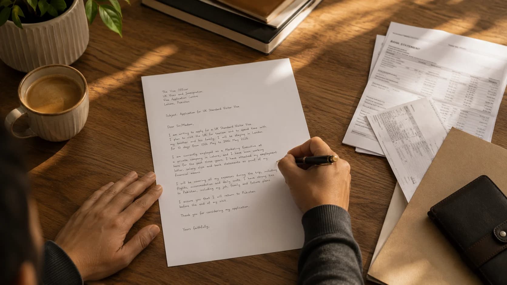 Person writing a UK visitor visa cover letter at a desk with bank statements