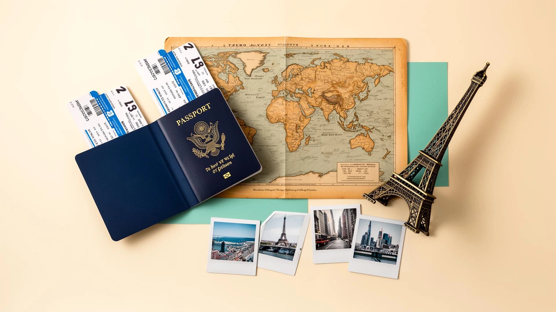 Passport, world map and travel essentials
